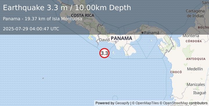 Earthquake SOUTH OF PANAMA (3.3 m) (2025-07-29 04:00:47 UTC)