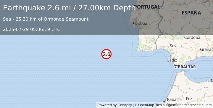 Earthquake AZORES-CAPE ST. VINCENT RIDGE (2.6 ml) (2025-07-29 05:06:19 UTC)