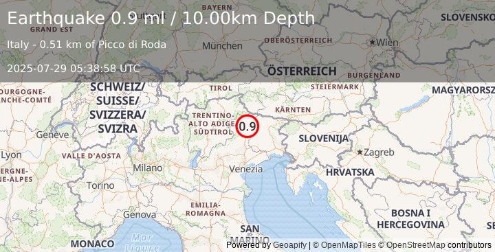 Earthquake NORTHERN ITALY (0.9 ml) (2025-07-29 05:38:58 UTC)