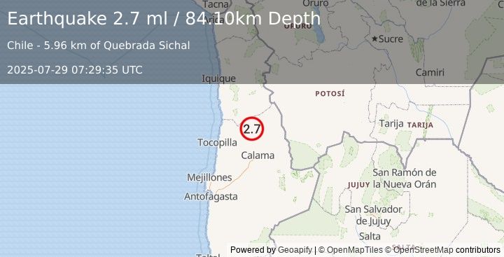 Earthquake ANTOFAGASTA, CHILE (2.7 ml) (2025-07-29 07:29:35 UTC)
