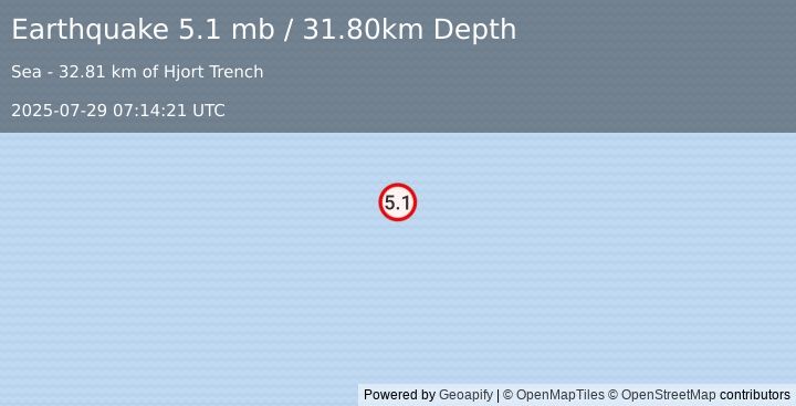 Earthquake MACQUARIE ISLAND REGION (5.1 mb) (2025-07-29 07:14:21 UTC)