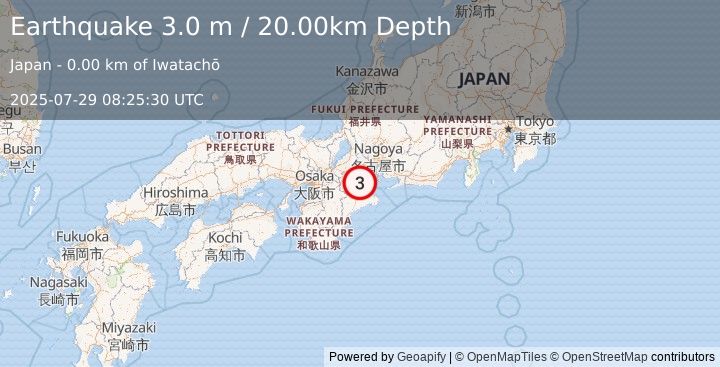 Earthquake WESTERN HONSHU, JAPAN (3.0 m) (2025-07-29 08:25:30 UTC)
