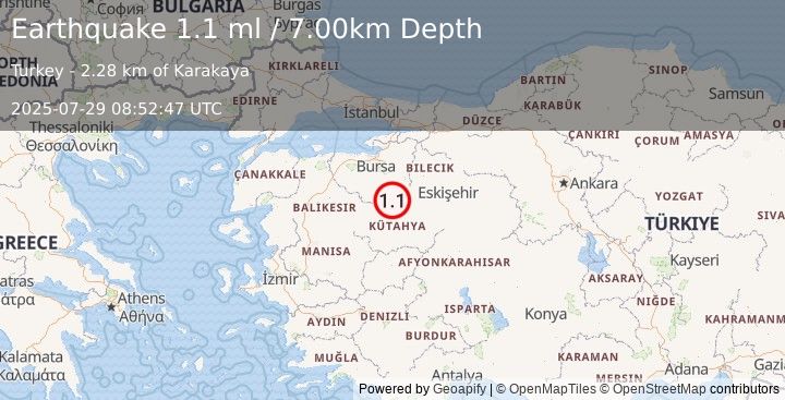Earthquake WESTERN TURKEY (1.1 ml) (2025-07-29 08:52:47 UTC)