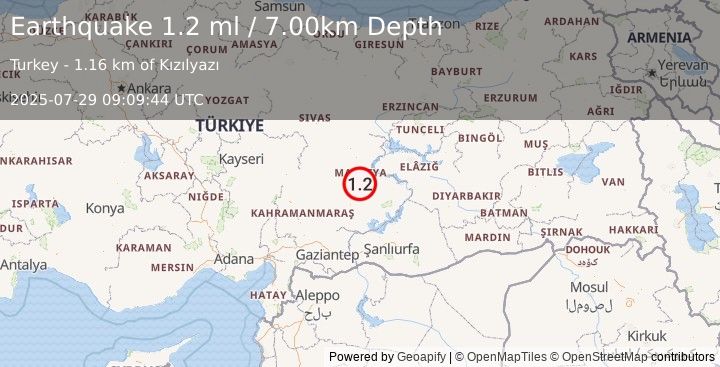 Earthquake EASTERN TURKEY (1.2 ml) (2025-07-29 09:09:44 UTC)