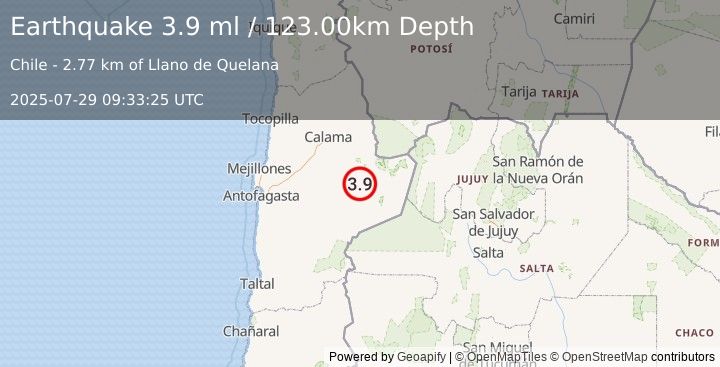 Earthquake ANTOFAGASTA, CHILE (4.3 ml) (2025-07-29 09:33:22 UTC)