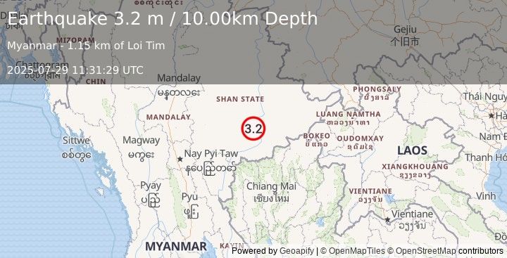 Earthquake MYANMAR (3.2 m) (2025-07-29 11:31:29 UTC)