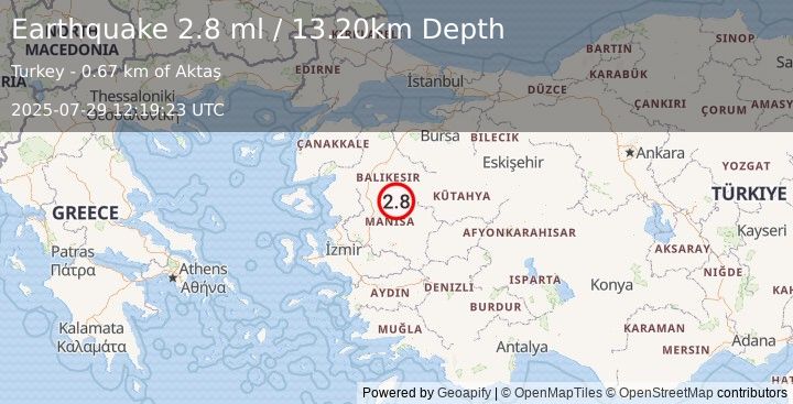 Earthquake WESTERN TURKEY (2.8 ml) (2025-07-29 12:19:23 UTC)