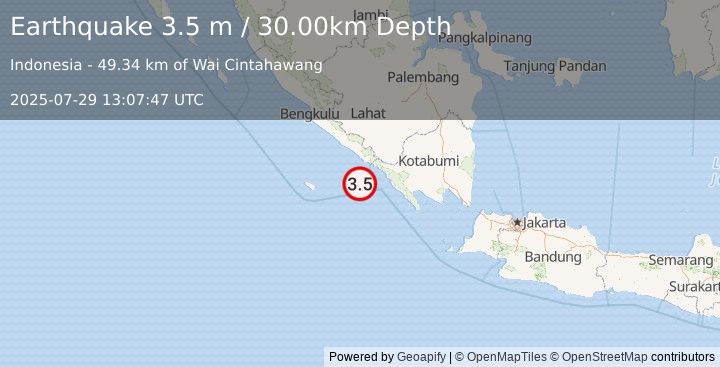 Earthquake SOUTHERN SUMATRA, INDONESIA (3.5 m) (2025-07-29 13:07:47 UTC)