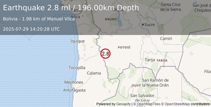 Earthquake POTOSI, BOLIVIA (2.8 ml) (2025-07-29 14:20:28 UTC)