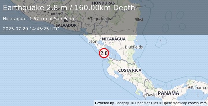 Earthquake NEAR COAST OF NICARAGUA (2.8 m) (2025-07-29 14:45:25 UTC)