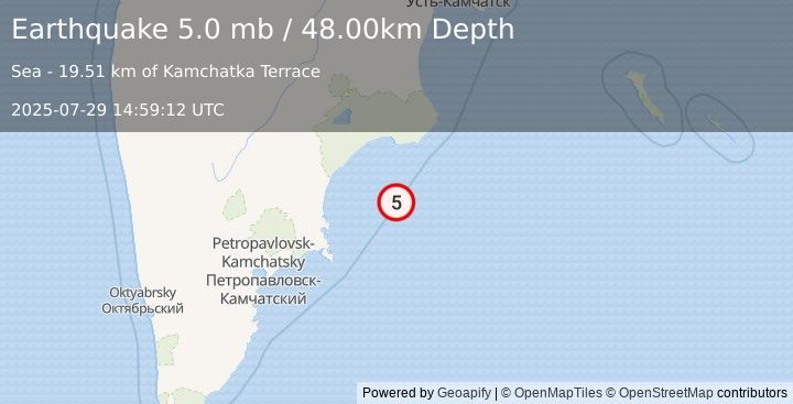 Earthquake OFF EAST COAST OF KAMCHATKA (5.0 mb) (2025-07-29 14:59:12 UTC)