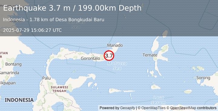 Earthquake MINAHASA, SULAWESI, INDONESIA (3.7 m) (2025-07-29 15:06:27 UTC)