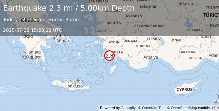 Earthquake DODECANESE IS.-TURKEY BORDER REG (2.3 ml) (2025-07-29 15:28:12 UTC)