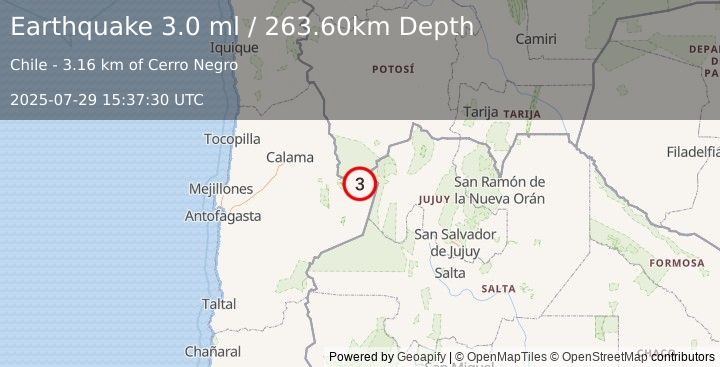 Earthquake ANTOFAGASTA, CHILE (3.0 ml) (2025-07-29 15:37:30 UTC)