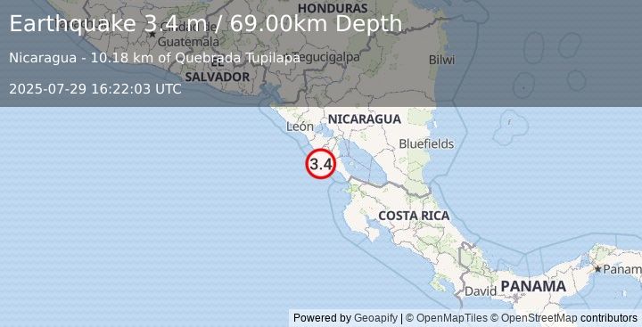 Earthquake NEAR COAST OF NICARAGUA (3.4 m) (2025-07-29 16:22:03 UTC)
