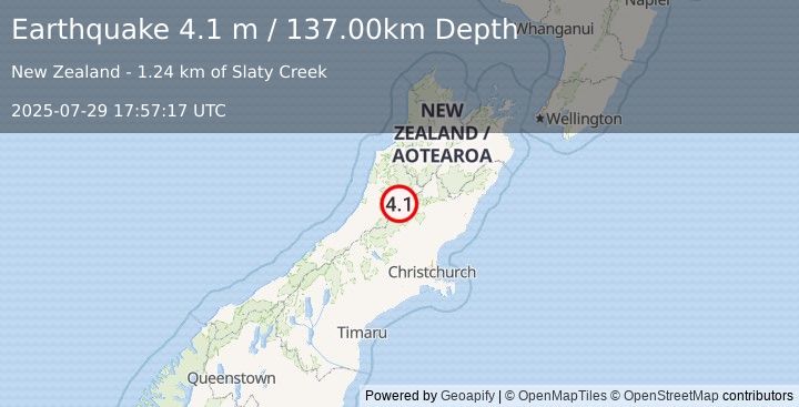 Earthquake SOUTH ISLAND OF NEW ZEALAND (4.1 m) (2025-07-29 17:57:17 UTC)