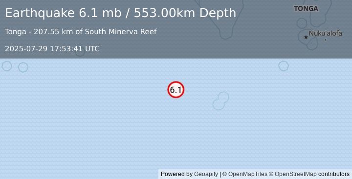 Earthquake SOUTH OF FIJI ISLANDS (6.6 mw) (2025-07-29 17:53:42 UTC)
