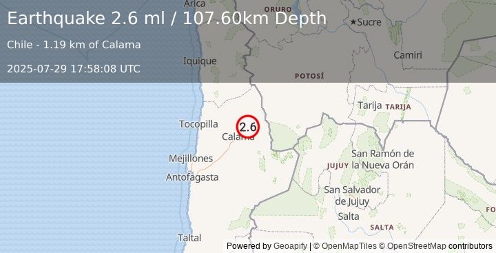 Earthquake ANTOFAGASTA, CHILE (2.6 ml) (2025-07-29 17:58:08 UTC)