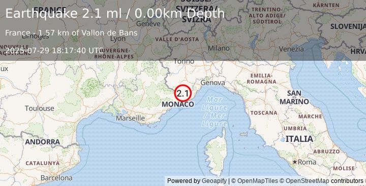 Earthquake NORTHERN ITALY (2.1 ml) (2025-07-29 18:17:40 UTC)