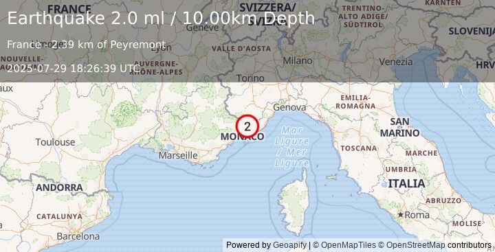 Earthquake NEAR SOUTH COAST OF FRANCE (2.0 ml) (2025-07-29 18:26:39 UTC)