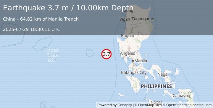 Earthquake LUZON, PHILIPPINES (3.7 m) (2025-07-29 18:30:11 UTC)