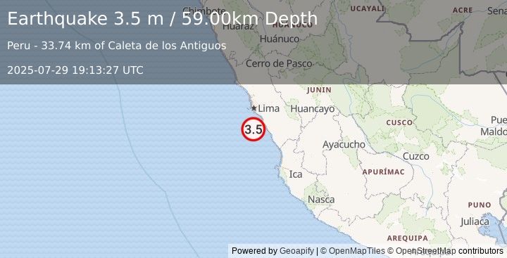 Earthquake NEAR COAST OF CENTRAL PERU (3.5 m) (2025-07-29 19:13:27 UTC)