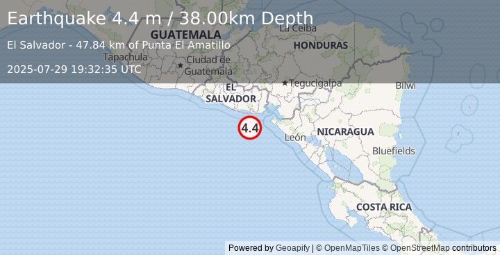 Earthquake OFFSHORE EL SALVADOR (4.4 m) (2025-07-29 19:32:35 UTC)