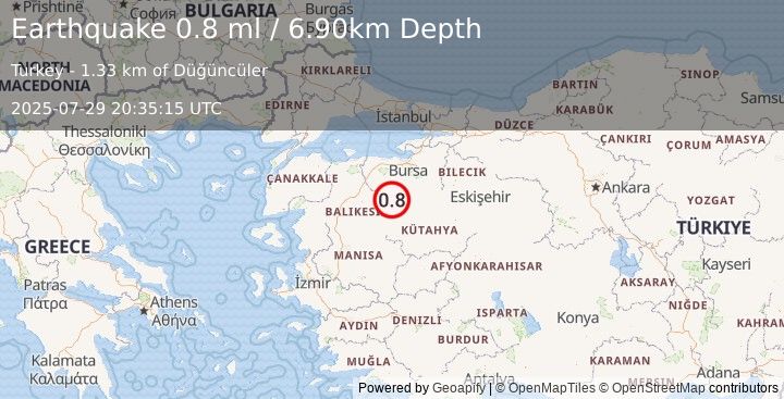 Earthquake WESTERN TURKEY (0.8 ml) (2025-07-29 20:35:15 UTC)