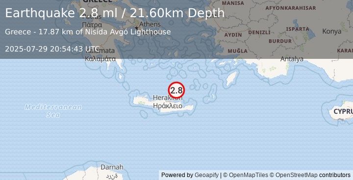 Earthquake CRETE, GREECE (2.8 ml) (2025-07-29 20:54:43 UTC)