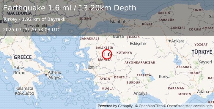 Earthquake WESTERN TURKEY (1.6 ml) (2025-07-29 20:53:08 UTC)