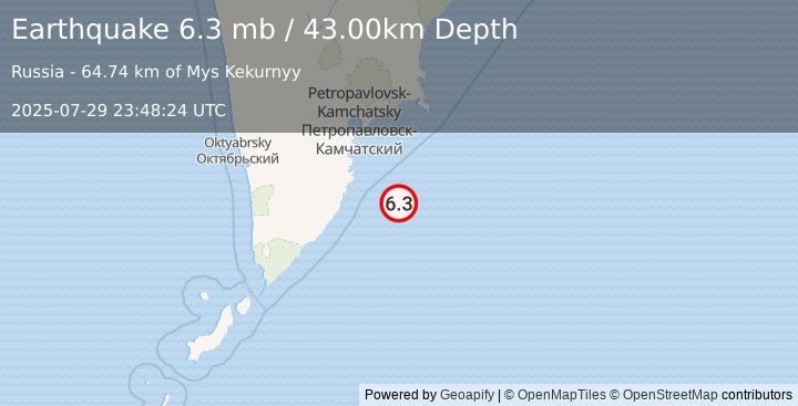 Earthquake NEAR EAST COAST OF KAMCHATKA (7.0 mb) (2025-07-29 23:48:27 UTC)