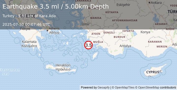Earthquake DODECANESE IS.-TURKEY BORDER REG (3.3 ml) (2025-07-30 00:07:47 UTC)
