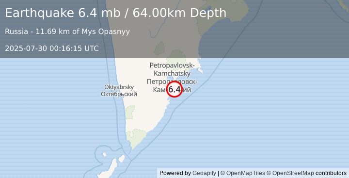 Earthquake OFF EAST COAST OF KAMCHATKA (6.5 mb) (2025-07-30 00:16:06 UTC)