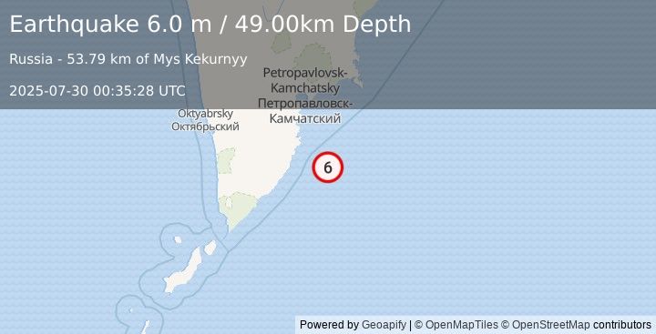 Earthquake OFF EAST COAST OF KAMCHATKA (5.7 mb) (2025-07-30 00:35:22 UTC)