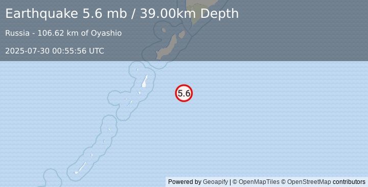 Earthquake KURIL ISLANDS (5.6 mb) (2025-07-30 00:55:50 UTC)