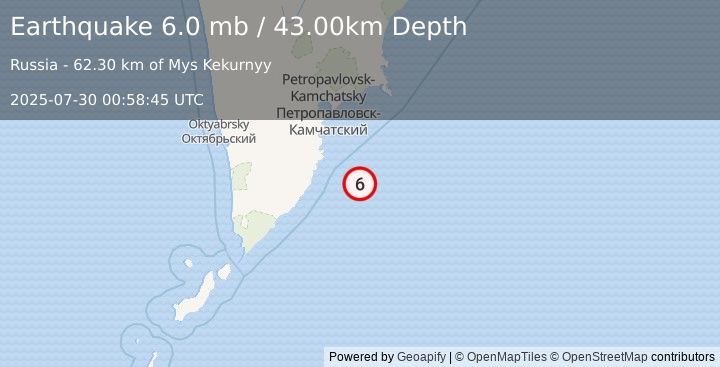 Earthquake OFF EAST COAST OF KAMCHATKA (5.8 mb) (2025-07-30 00:58:40 UTC)