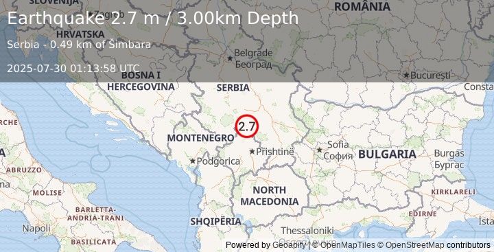 Earthquake SERBIA (2.7 m) (2025-07-30 01:13:58 UTC)