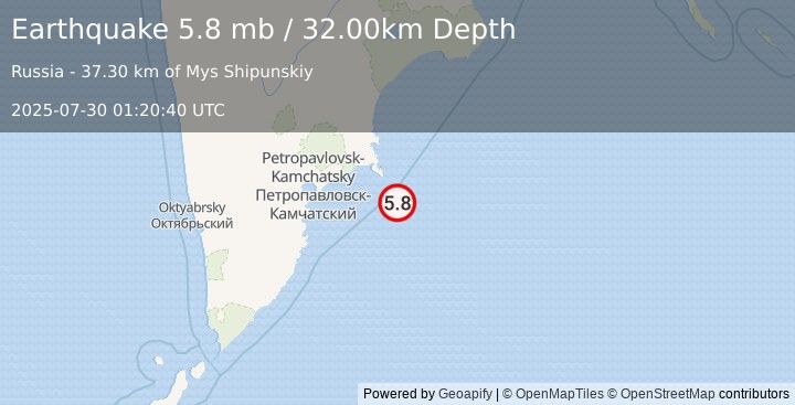 Earthquake OFF EAST COAST OF KAMCHATKA (5.5 mb) (2025-07-30 01:20:35 UTC)