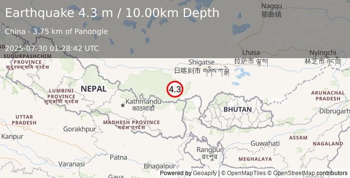 Earthquake WESTERN XIZANG (4.3 m) (2025-07-30 01:28:42 UTC)