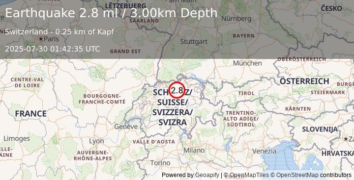 Earthquake SWITZERLAND (2.8 ml) (2025-07-30 01:42:34 UTC)
