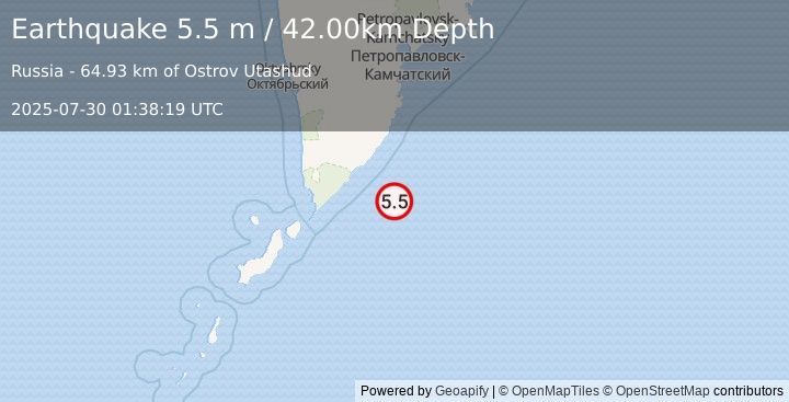 Earthquake NEAR EAST COAST OF KAMCHATKA (5.6 m) (2025-07-30 01:38:18 UTC)