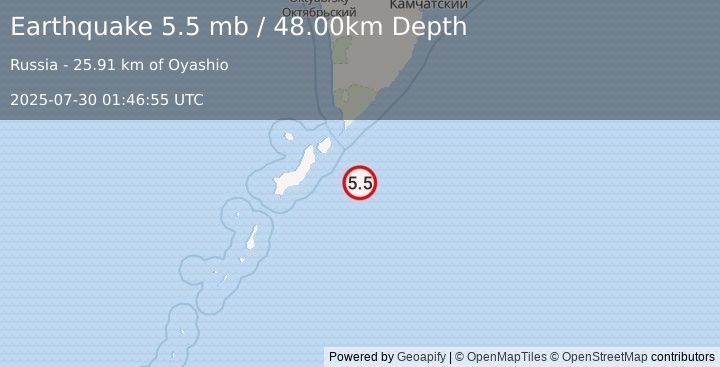Earthquake KURIL ISLANDS (5.5 mb) (2025-07-30 01:46:52 UTC)