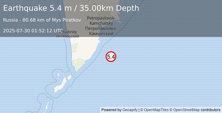 Earthquake OFF EAST COAST OF KAMCHATKA (5.4 mb) (2025-07-30 01:52:07 UTC)