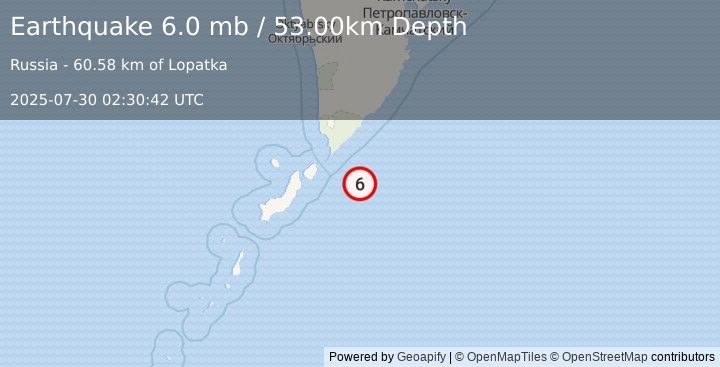 Earthquake KURIL ISLANDS (6.0 mb) (2025-07-30 02:30:40 UTC)