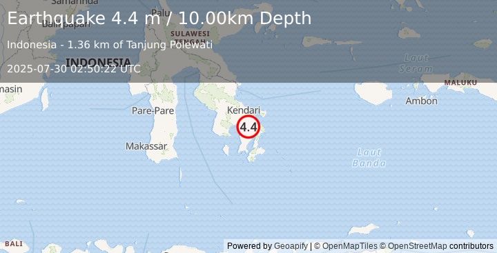 Earthquake SULAWESI, INDONESIA (4.4 m) (2025-07-30 02:50:22 UTC)