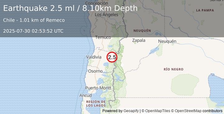 Earthquake LOS LAGOS, CHILE (2.5 ml) (2025-07-30 02:53:52 UTC)