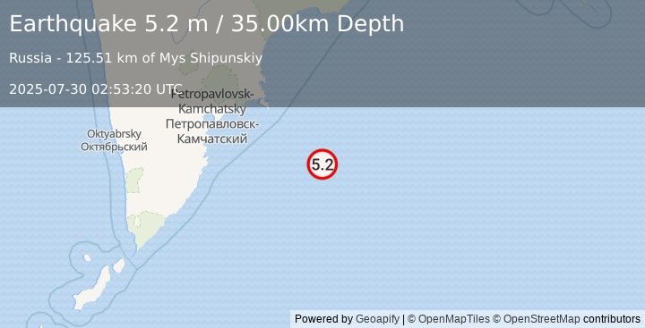 Earthquake OFF EAST COAST OF KAMCHATKA (5.1 mb) (2025-07-30 02:53:15 UTC)