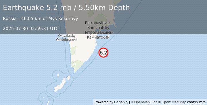 Earthquake OFF EAST COAST OF KAMCHATKA (5.2 mb) (2025-07-30 02:59:31 UTC)