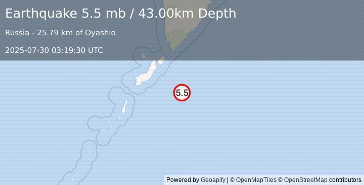 Earthquake EAST OF KURIL ISLANDS (5.4 mb) (2025-07-30 03:19:25 UTC)