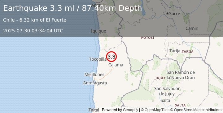 Earthquake ANTOFAGASTA, CHILE (3.3 ml) (2025-07-30 03:34:04 UTC)